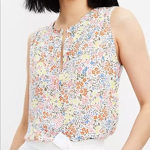 WOMEN LOFT Floral Smocked Split Neck Mixed Media Shell Medium